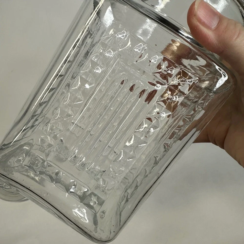 Vintage Clear Glass Square Apothecary Jar with Hexagonal Lid Embossed Detail